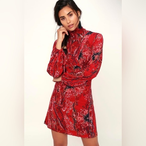 NWT Free People All Dolled Up Red Print Long Sleeve Mini Dress Size Small - Picture 2 of 9